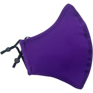 A purple cotton face mask with an adjustable toggle and a seam design. It features a logo on one side.