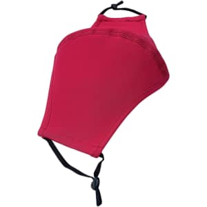 A red cotton face mask with a middle seam and adjustable toggle for a secure fit. Features a logo.