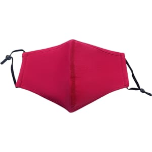 A red cotton face mask with a middle seam and adjustable toggles on each side, featuring a logo.