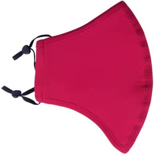 A red cotton face mask with adjustable toggle and middle seam. Features a logo on the side.