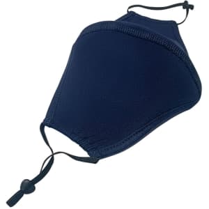 A navy blue cotton face mask with a middle seam and adjustable toggle for a secure fit.