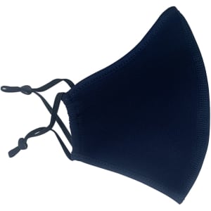 A navy cotton face mask with adjustable toggle, featuring a middle seam design. It includes a logo.