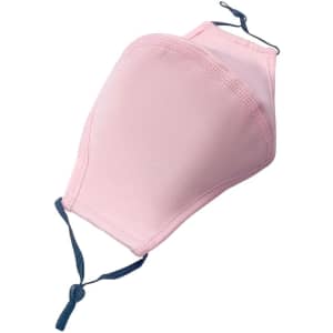 A pink middle seamed cotton face mask with adjustable toggle, featuring a simple design and a logo.