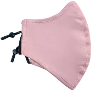 A pink cotton face mask with an adjustable toggle, featuring a middle seam and a logo.