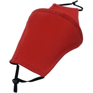 A red middle seamed cotton face mask with adjustable toggle for a personalised fit. Features a logo.