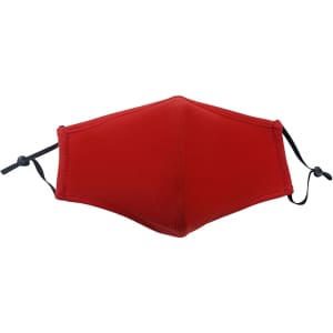 A red cotton face mask with adjustable toggles and a middle seam. Features black ties for a secure fit.
