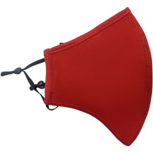 A red cotton face mask with an adjustable toggle and middle seam, featuring one logo.