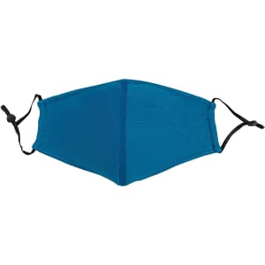 A blue cotton face mask with an adjustable toggle and middle seam design, featuring a logo.