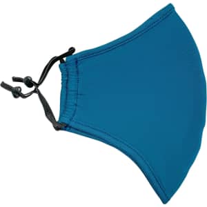 A blue middle seamed cotton face mask with adjustable toggle. Features a sleek design and includes a branding logo.