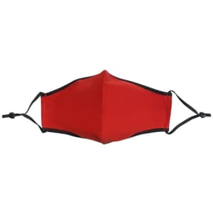 A red cotton face mask with adjustable toggle and contrasting black edges. It features a logo.