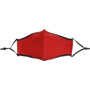 A red cotton face mask with adjustable toggle and black trim, featuring a logo.
