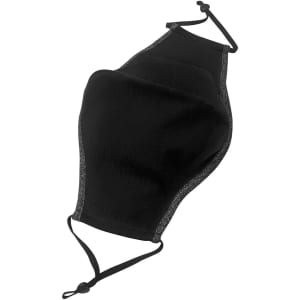 A black cotton face mask with adjustable toggle and grey detailing, featuring elastic ear straps.