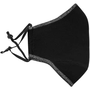 A black cotton face mask with adjustable toggle and grey accents, featuring a logo on the side.