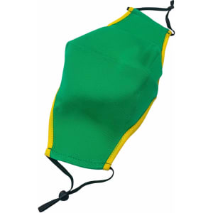 A green face mask with yellow trim and adjustable toggle, suitable for personal use.