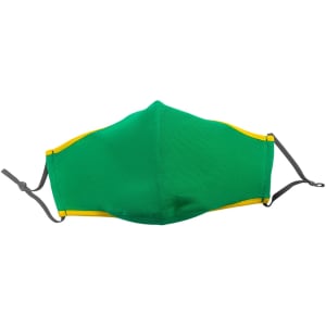 A green face mask with yellow accents and adjustable toggles. The mask features a logo.
