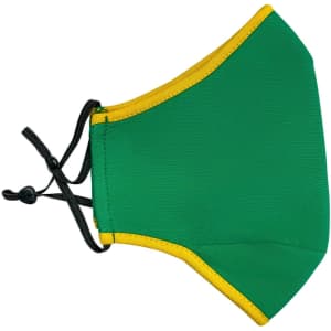 A green face mask with yellow trim and adjustable toggle. Features elastic chords for a secure fit.