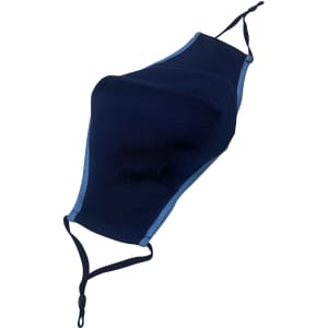A navy blue cotton face mask with an adjustable toggle and contrasting trim. It features a logo.