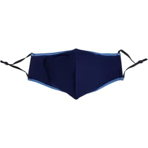 A cotton face mask in navy blue with light blue accents and adjustable toggles. Features a logo.