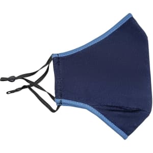 A navy blue cotton face mask with adjustable toggles, featuring a contrasting lighter blue trim.