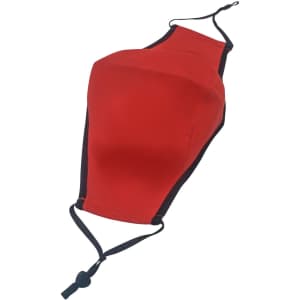 A red one-piece cotton face mask with adjustable toggle and black trim. Includes a logo on the side.