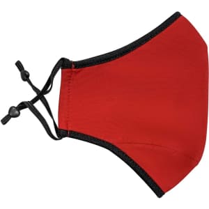 A red one-piece cotton face mask with adjustable toggle and black trim. Features a logo.
