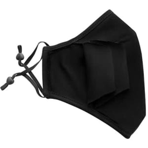 A black three-layer face mask with adjustable toggles for a secure fit. Features a sleek design and soft material.