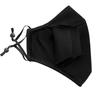 A black three-layer face mask with adjustable toggles for a secure fit. It features a sleek design and has a logo.