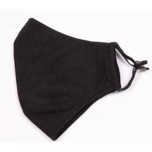 A black adult three-layer face mask with an adjustable toggle for a secure fit. Features a simple design.