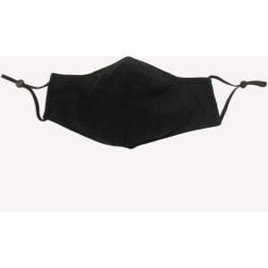 A black adult face mask with an adjustable toggle and three layers for added protection. It features a logo.