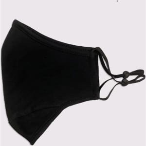 A black three-layer face mask with adjustable toggle straps, designed for adult use.