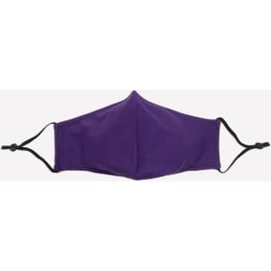 A purple three-layer face mask with adjustable toggles on either side. Features a logo.