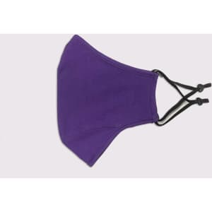 A purple adult face mask with adjustable toggles, featuring three layers for added protection.