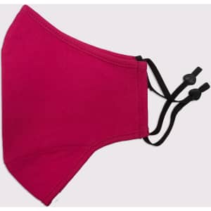 A pink adjustable face mask with a three-layer design and toggle for a secure fit. Features a logo on the side.