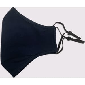 A navy blue adult face mask with adjustable toggles, featuring three layers for added protection.