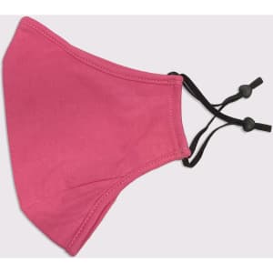 A pink adult face mask with a three-layer design and adjustable toggle straps, featuring a logo.