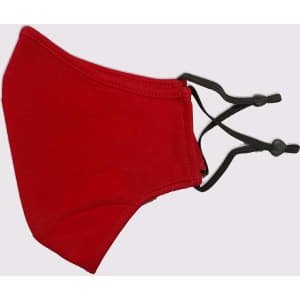 A red adult face mask with adjustable toggles and a three-layer design. It features a logo.