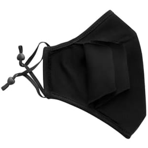 A black three-layer cotton face mask with adjustable toggles for a customised fit. Features a logo.