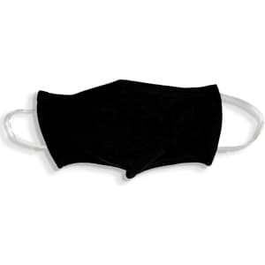A black 100% cotton face mask with white ear straps and a simple design, featuring a logo.