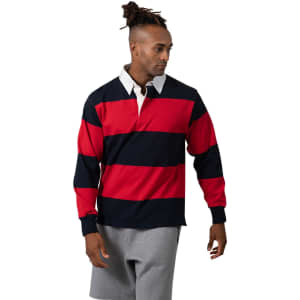 A rugby polo in red and navy stripes with a white collar, featuring a logo on the chest.