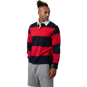 A men's unisex rugby polo in red and navy stripes, featuring a white collar and long sleeves. It has a logo on the chest.