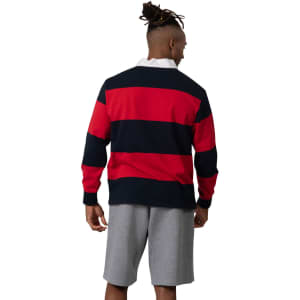 A men's unisex rugby polo in red and navy stripes, featuring a white collar and a logo on the front.