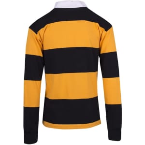 A unisex rugby polo featuring black and golden stripes, with a white collar and long sleeves. It has a logo on the front.