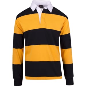 A men's unisex rugby polo in yellow and black stripes, featuring a white collar and long sleeves. It has a logo.