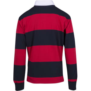 A red and navy striped rugby polo featuring a white collar and a logo on the back.