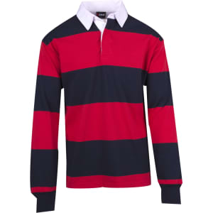 A red and navy striped rugby polo shirt with long sleeves and a white collar, featuring a logo on the chest.