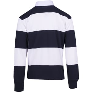 A unisex rugby polo featuring bold navy and white horizontal stripes, with a classic collar and long sleeves.