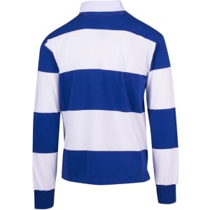A unisex rugby polo in blue and white stripes, featuring long sleeves and a collar, with a logo on the front.
