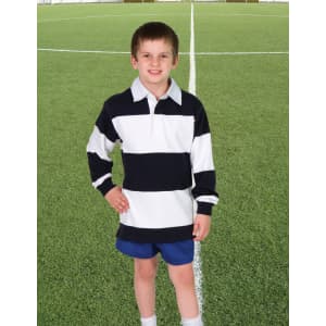 A kid's rugby polo top in navy and white stripes, featuring a collared neckline, displayed on a boy standing on a grassy field.