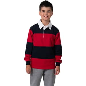 A red and navy striped rugby polo top with a white collar, worn by a young boy.