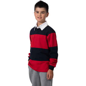 A kid's rugby polo top featuring horizontal red and navy stripes, with a white collar and long sleeves.